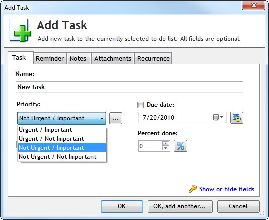 Add Task with 4-Quadrants time management