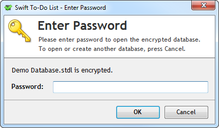 Dialog asking for password to open encrypted database