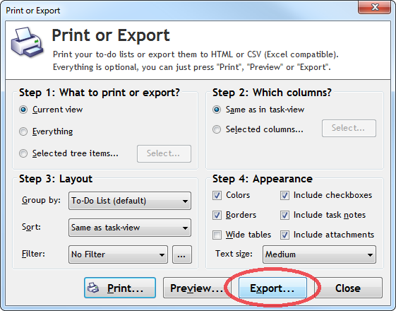 Export tasks into HTML, or CSV (Excel)