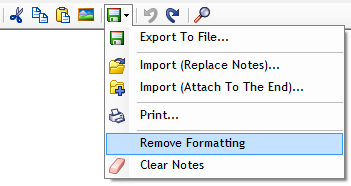 Notes advanced menu (import, export, print, remove formatting, clear notes)