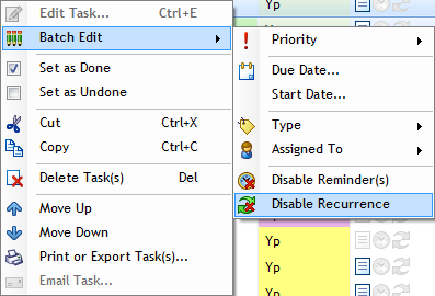 Disable recurrence via right-click menu