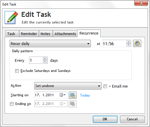 Recurrence tab in Edit Task window