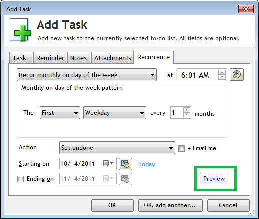 Preview Recurrence in Add Task or Edit Task window