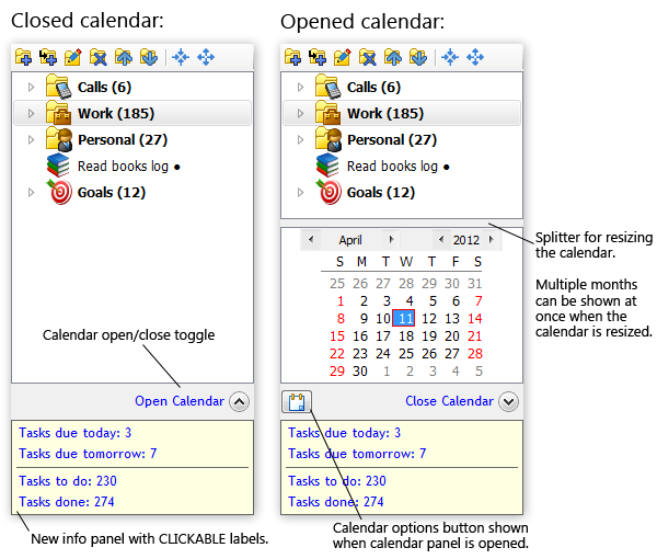 Calendar panel below to-do list tree in Swift To-Do List