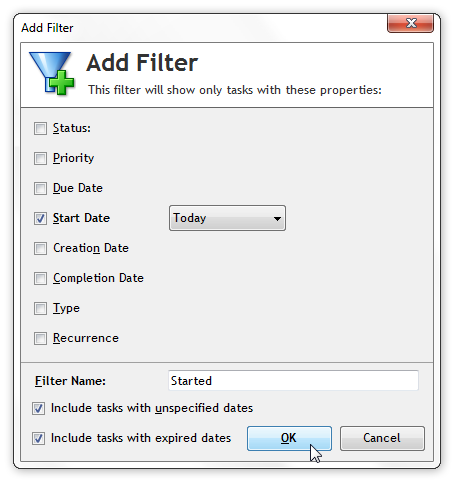 Filter to hide all non-started tasks