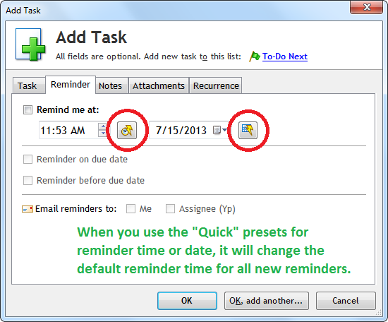 Reminder Tab in the Add/Edit Task window