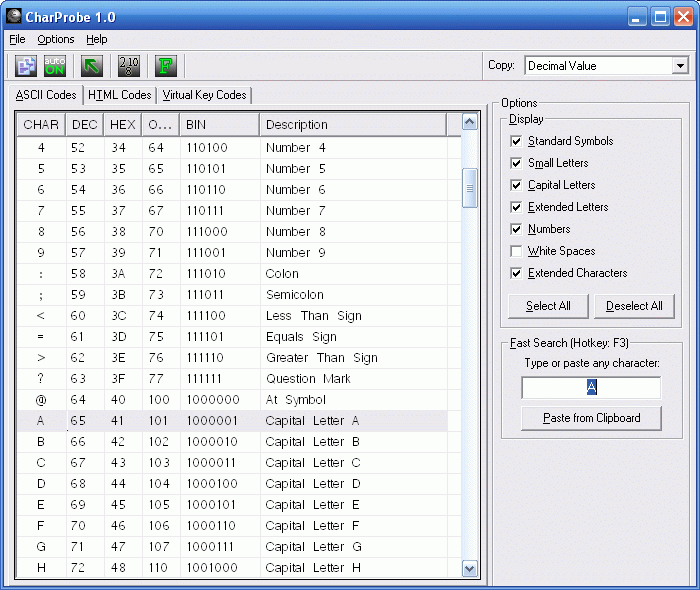 ascii code html code virual key code vk table tables codes constant constants copy find search