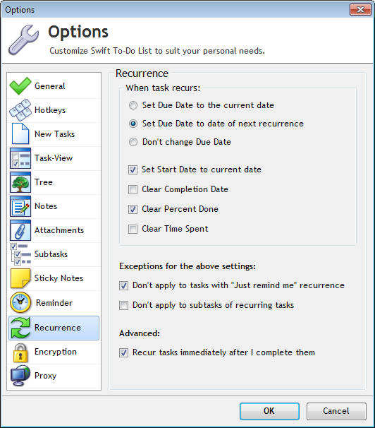 Recurrence options in Options window